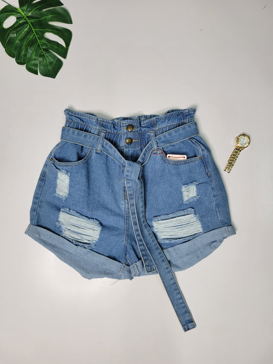 Distressed Denim Paperbag Shorts