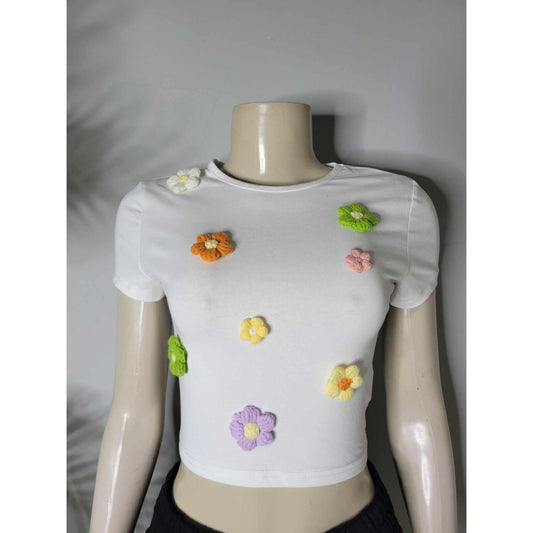 Embroidered Floral Crop Tee